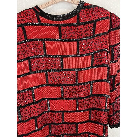 VTG Women 2X Bold Sequin Silk Red Black Beaded Geometric Retro 38" Long Jacket - Picture 9 of 11